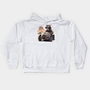 a cow racing a car across the desert Kids Hoodie